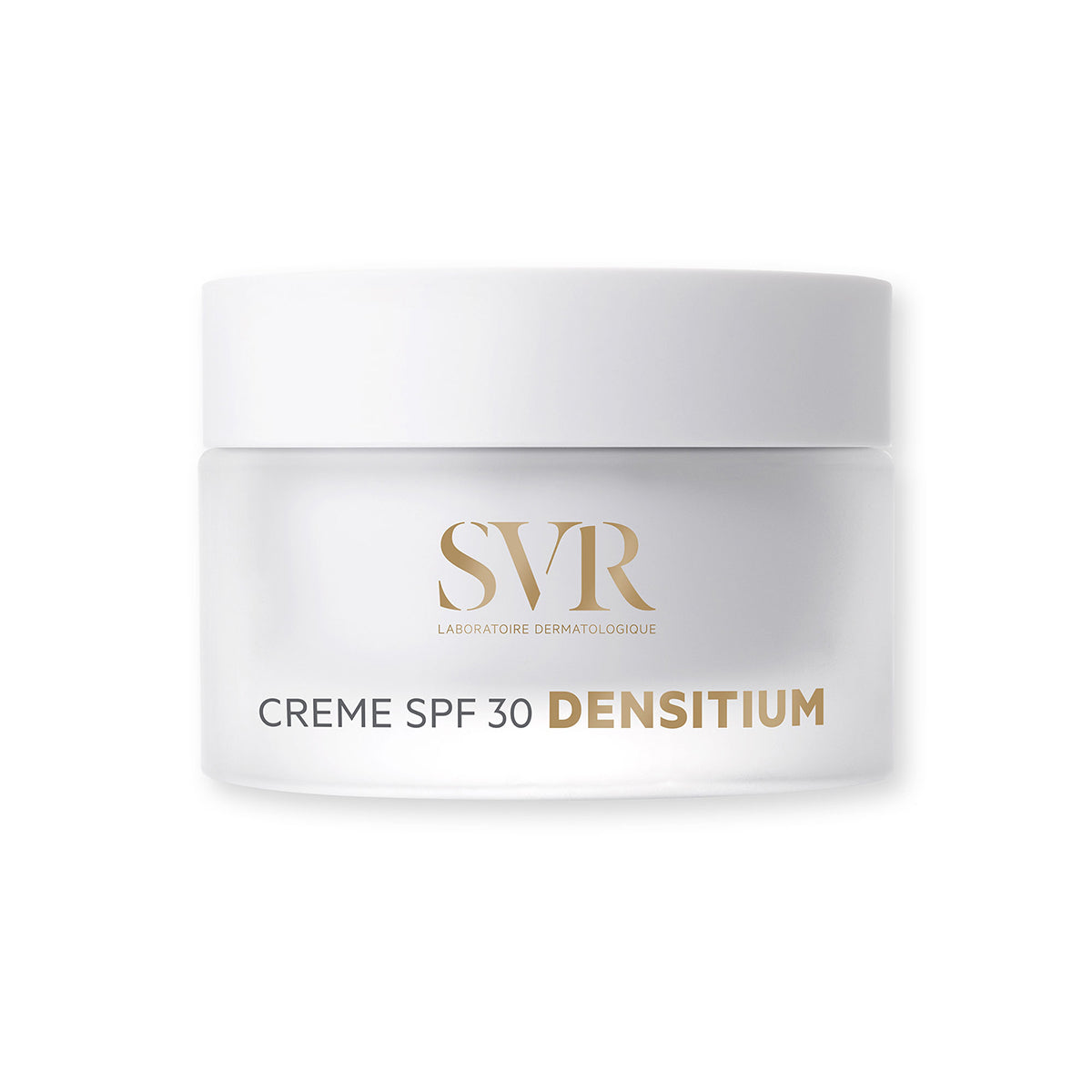 SVR Densitium Creme SPF 30 in a frosted glass jar with a white lid and gold lettering on a white background.
