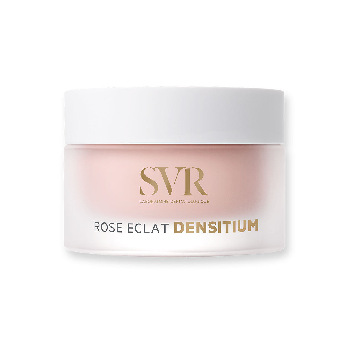 Tarro de crema antiedad SVR Densitium Rose Eclat en vidrio esmerilado con tapa blanca y letras doradas.