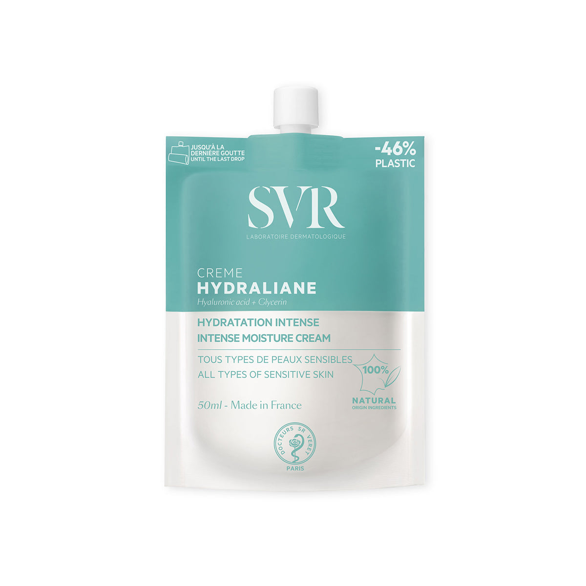 Envase flexible de 50 ml de crema hidratante SVR Hydraliane en color verde agua con tapón blanco y diseño sostenible.