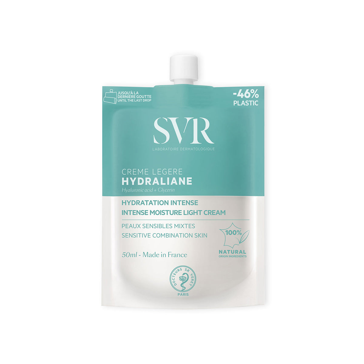 Envase flexible de 50ml SVR Hydraliane Crème Légère en color azul claro con tapón blanco y diseño sostenible reciclable.