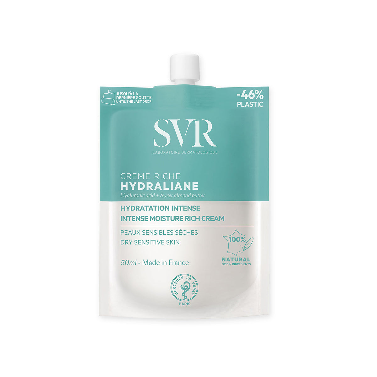 Envase flexible de 50ml SVR Hydraliane Riche en color verde agua, diseñado para pieles secas y sensibles.