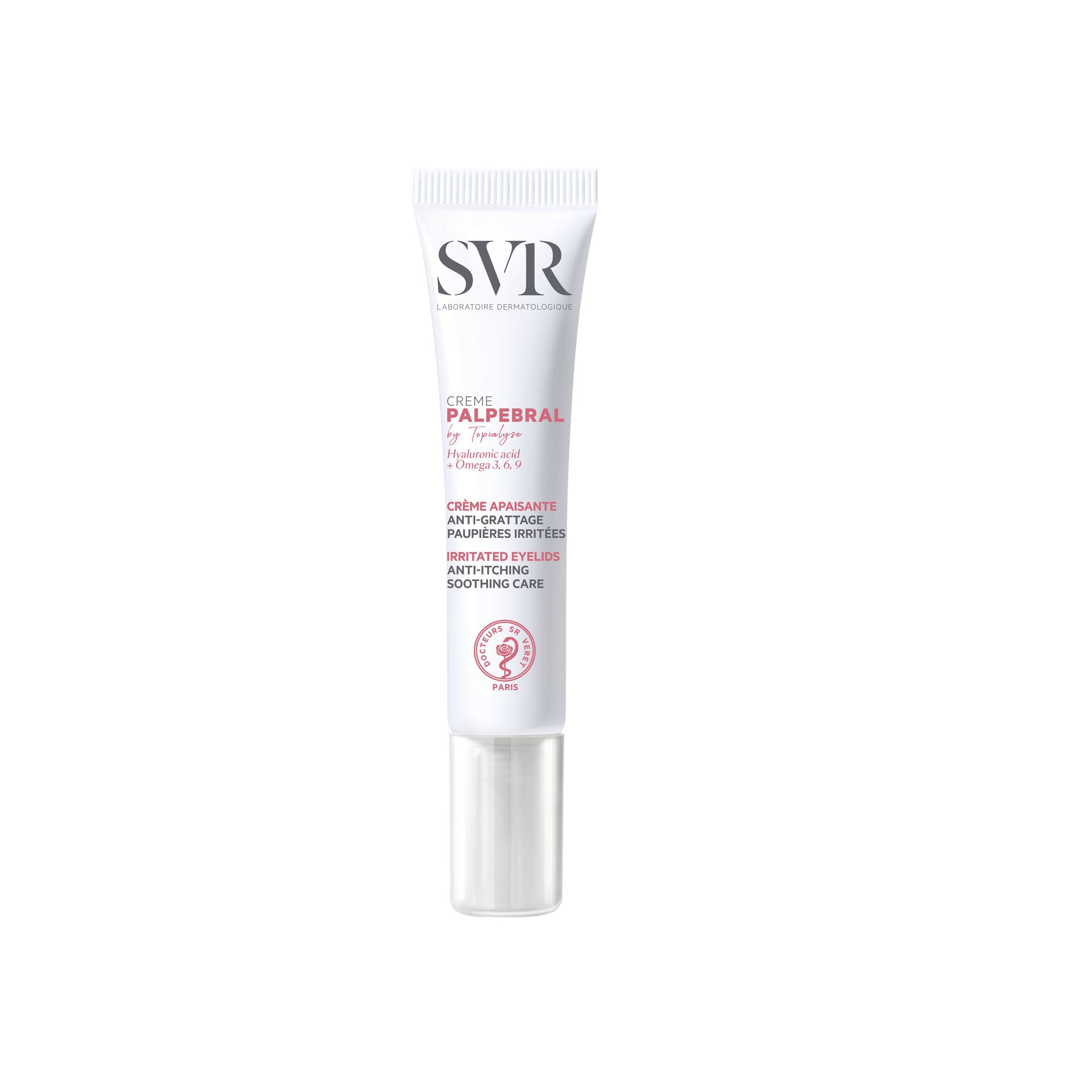 Tubo blanco de crema SVR Palpebral para contorno de ojos con letras negras y rosas sobre fondo blanco.
