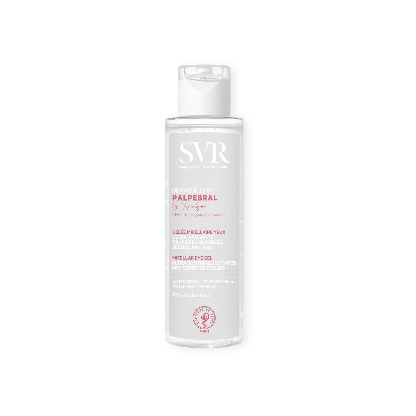 Frasco transparente de 125ml de gel desmaquillante SVR Palpebral para ojos sensibles con tapa abatible blanca.