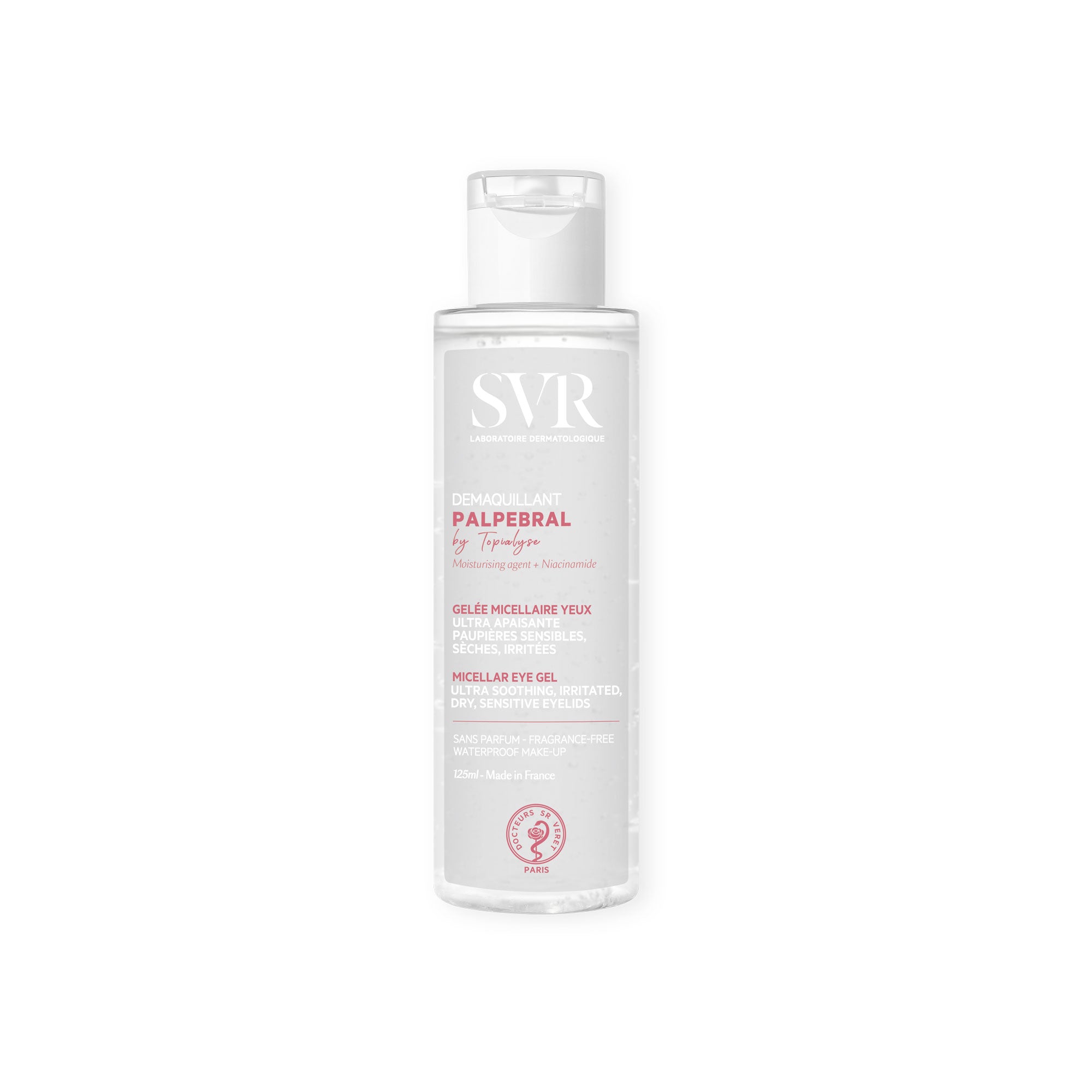 Frasco transparente de 125ml de gel desmaquillante SVR Palpebral para ojos sensibles con tapa abatible blanca.