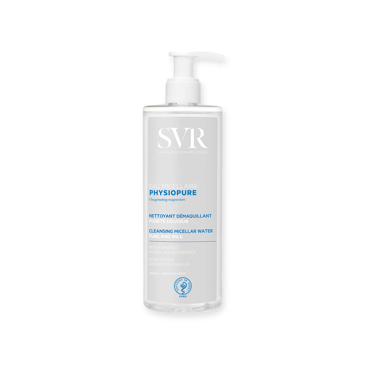 Frasco transparente de 400ml de agua micelar SVR PHYSIOPURE con dosificador blanco para pieles sensibles.