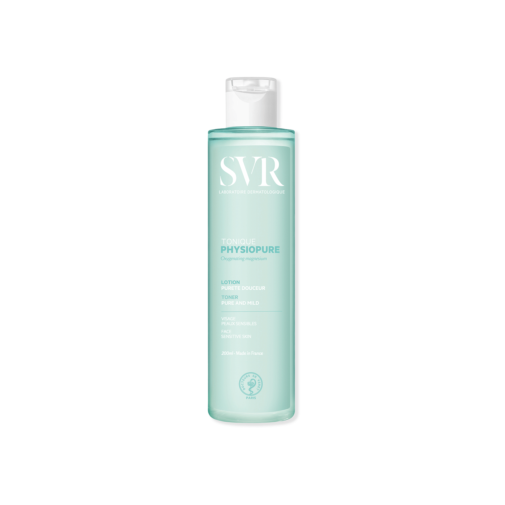 Botella cilíndrica de 200ml de tónico facial SVR PHYSIOPURE con líquido azul claro y tapa blanca a presión.