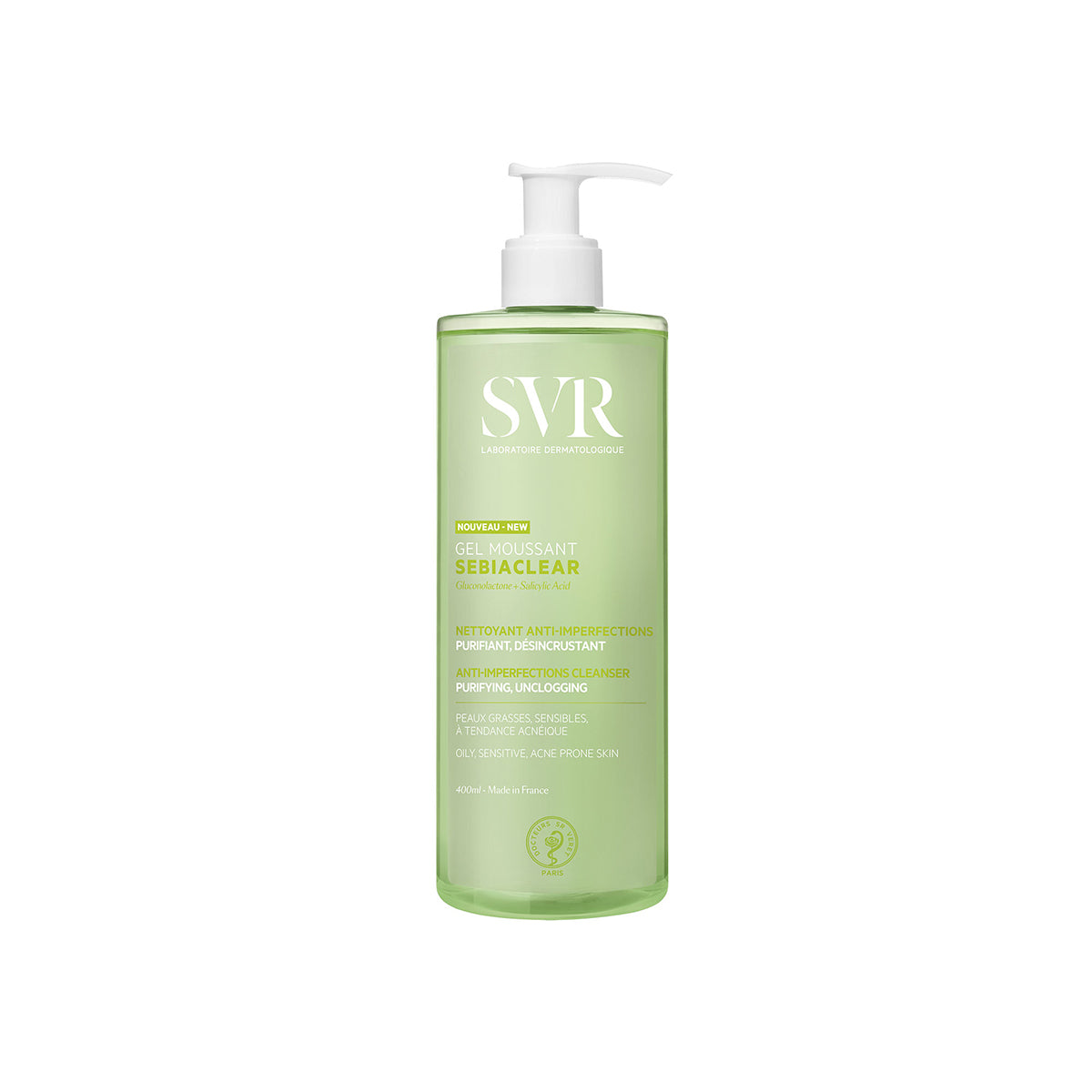 Envase cilíndrico de 400ml de gel limpiador SVR Sebiaclear verde traslúcido con dosificador blanco sobre fondo blanco.