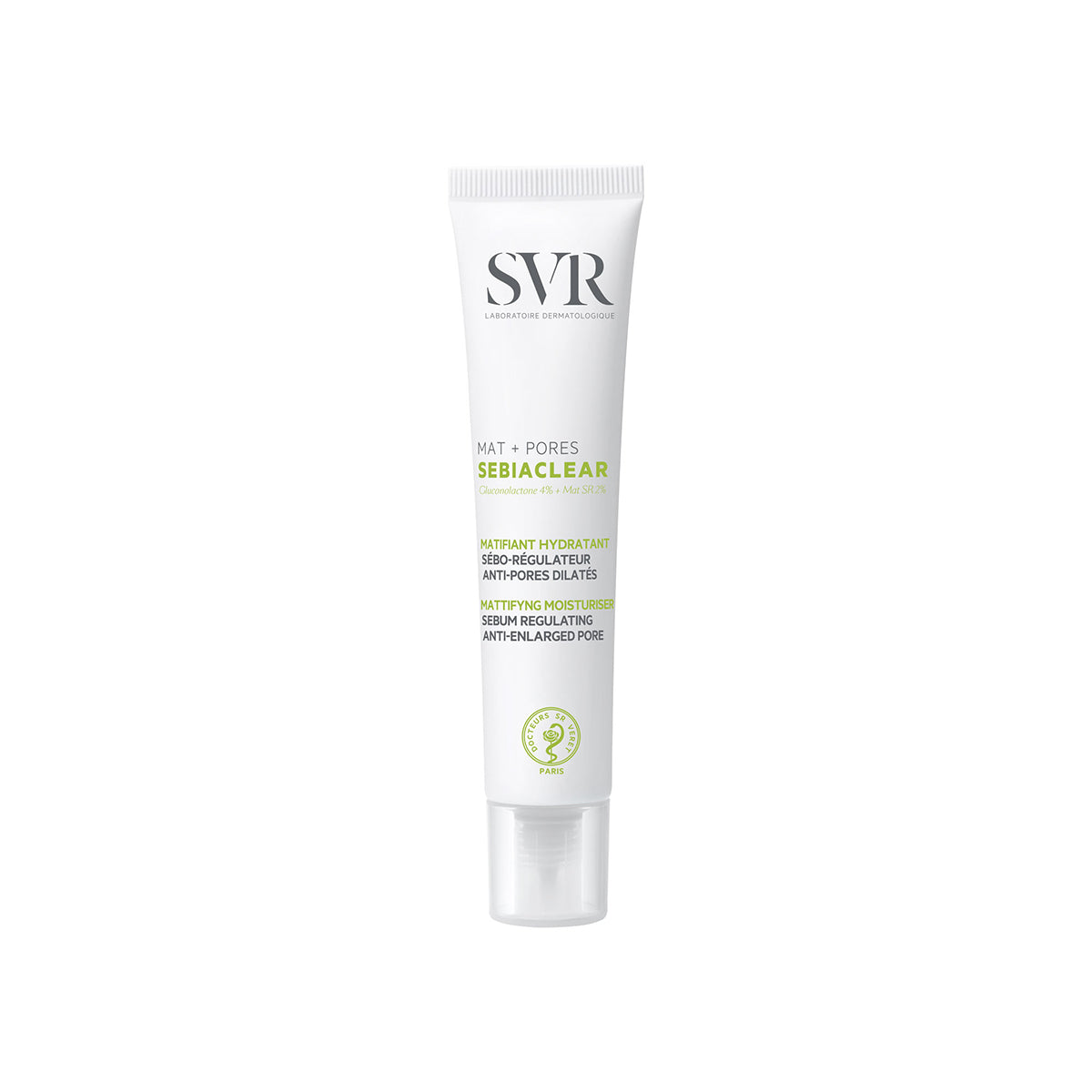 Tubo blanco de crema facial SVR Sebiaclear Mat+Pores con letras negras y verdes sobre fondo blanco.