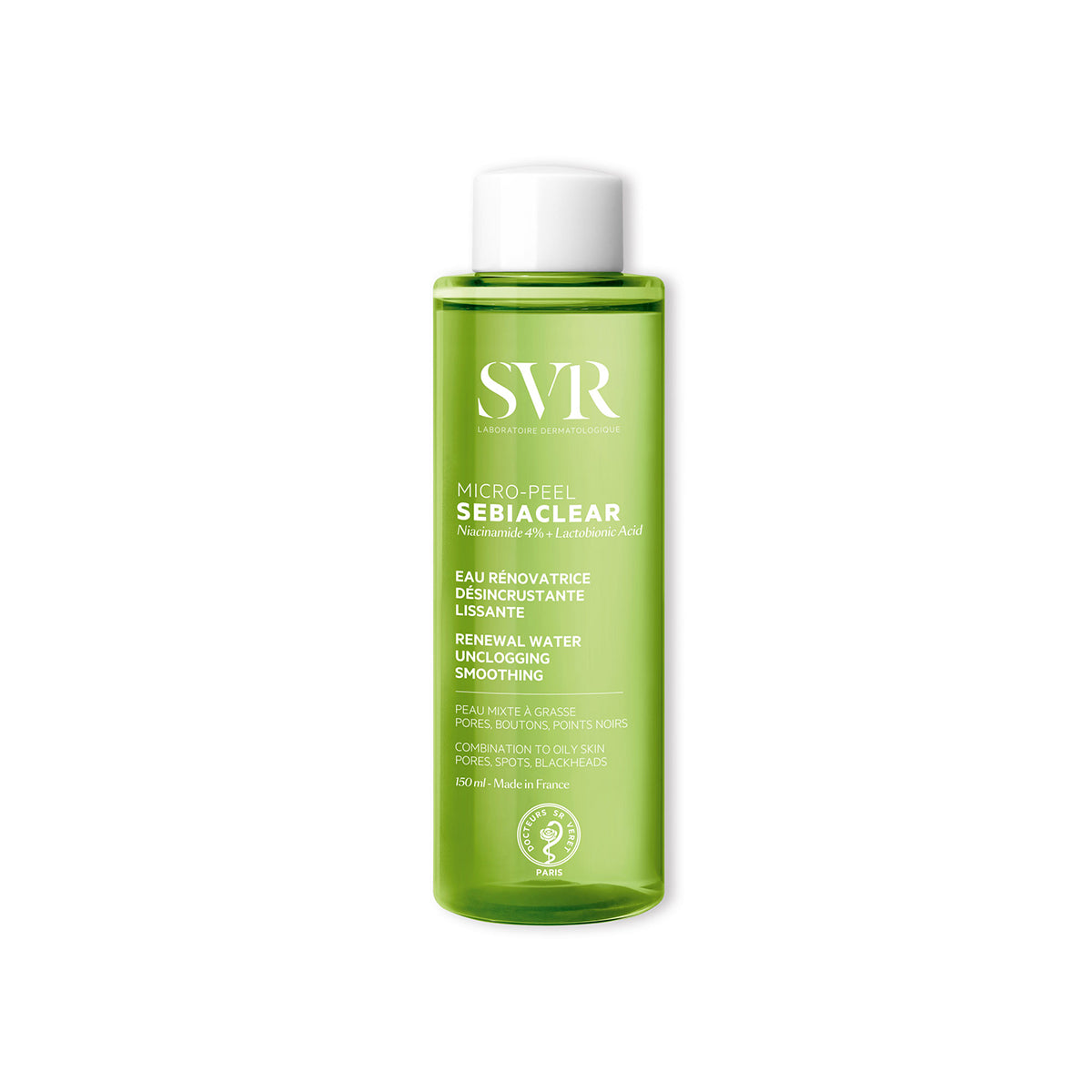Frasco cilíndrico de 150 ml de SVR Sebiaclear Micro-Peel con líquido verde traslúcido y tapa blanca a rosca.