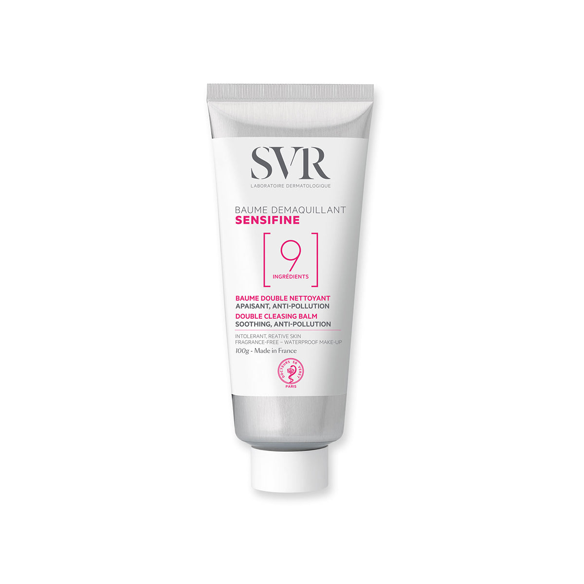 Tubo de bálsamo desmaquillante SVR Sensifine de 100g con diseño minimalista blanco y detalles en rosa sobre fondo blanco.