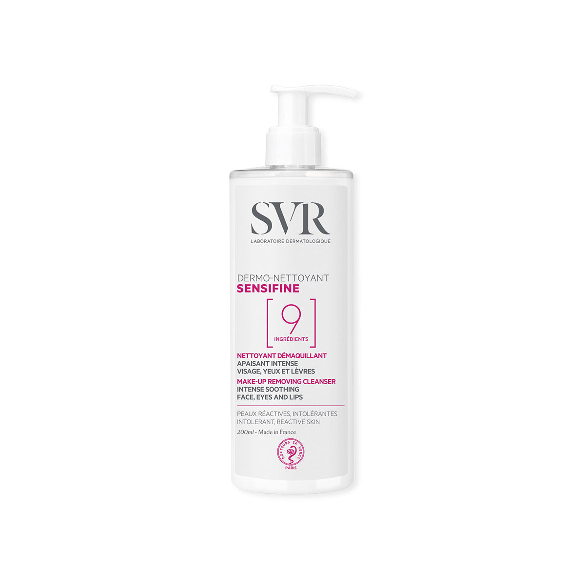 Envase de 200ml de SVR Sensifine Dermo-Nettoyant con dosificador, crema limpiadora calmante para pieles sensibles.