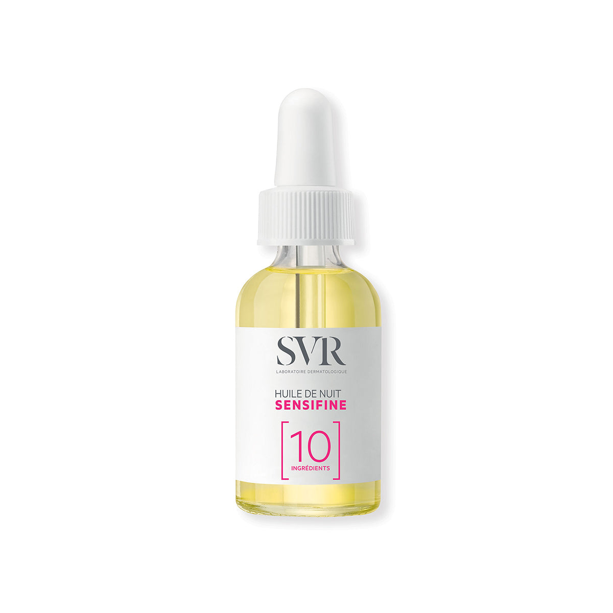 Frasco de vidrio transparente con aceite facial SVR Sensifine, tapón cuentagotas blanco y etiqueta minimalista con el número 10.
