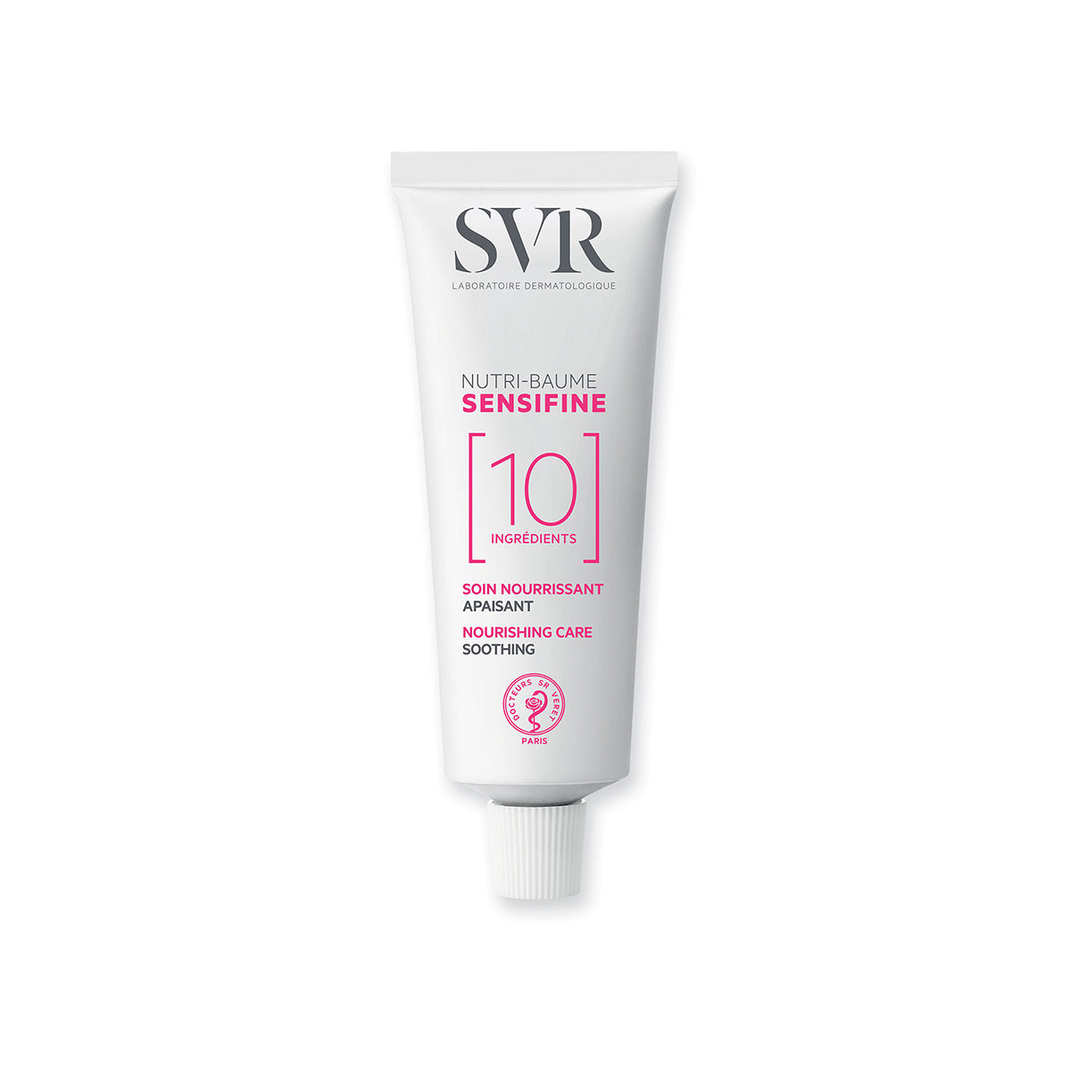 Tubo blanco de bálsamo SVR Sensifine Nutri-Baume con letras rosas y negras sobre fondo minimalista.