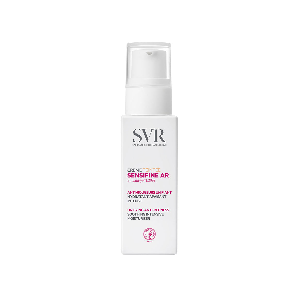 Envase blanco con dosificador de SVR Sensifine AR Crème Teintée, crema hidratante con color para pieles con rojeces.