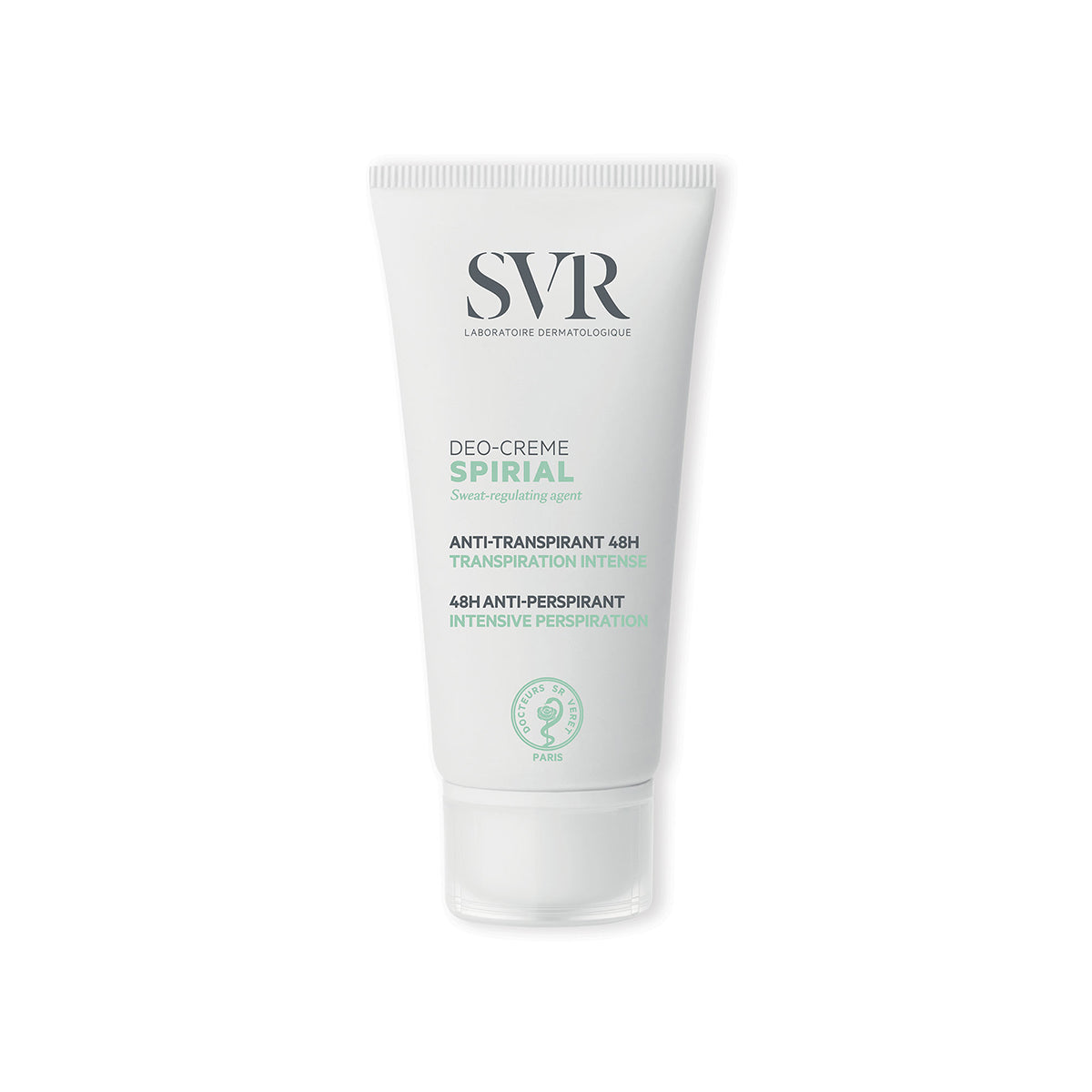 Tubo blanco de crema antitranspirante SVR Spirial con letras negras y detalles en verde menta sobre fondo blanco.