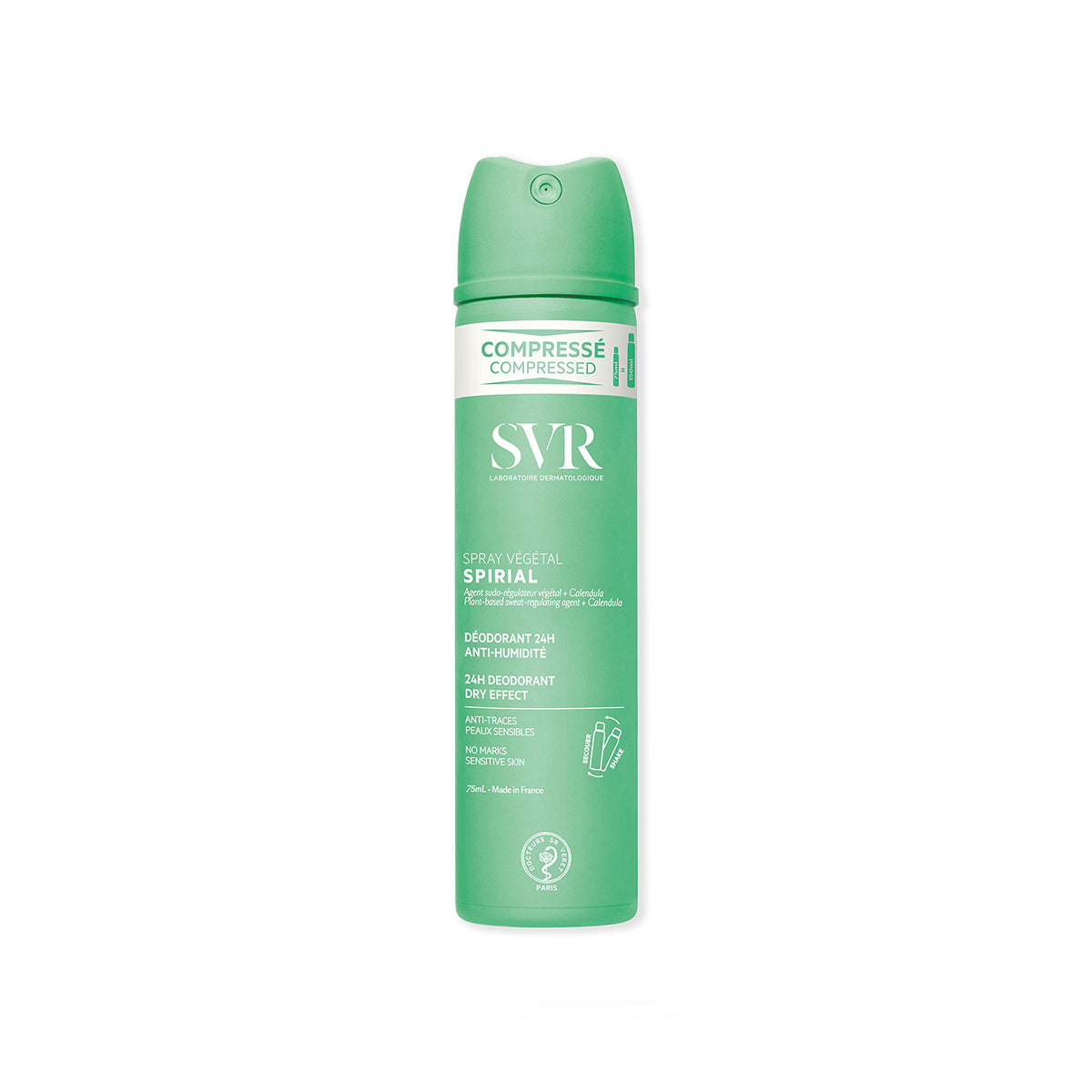 Desodorante SVR Spirial Spray Végétal en envase comprimido color verde menta de 75 ml con diseño minimalista y texto blanco.