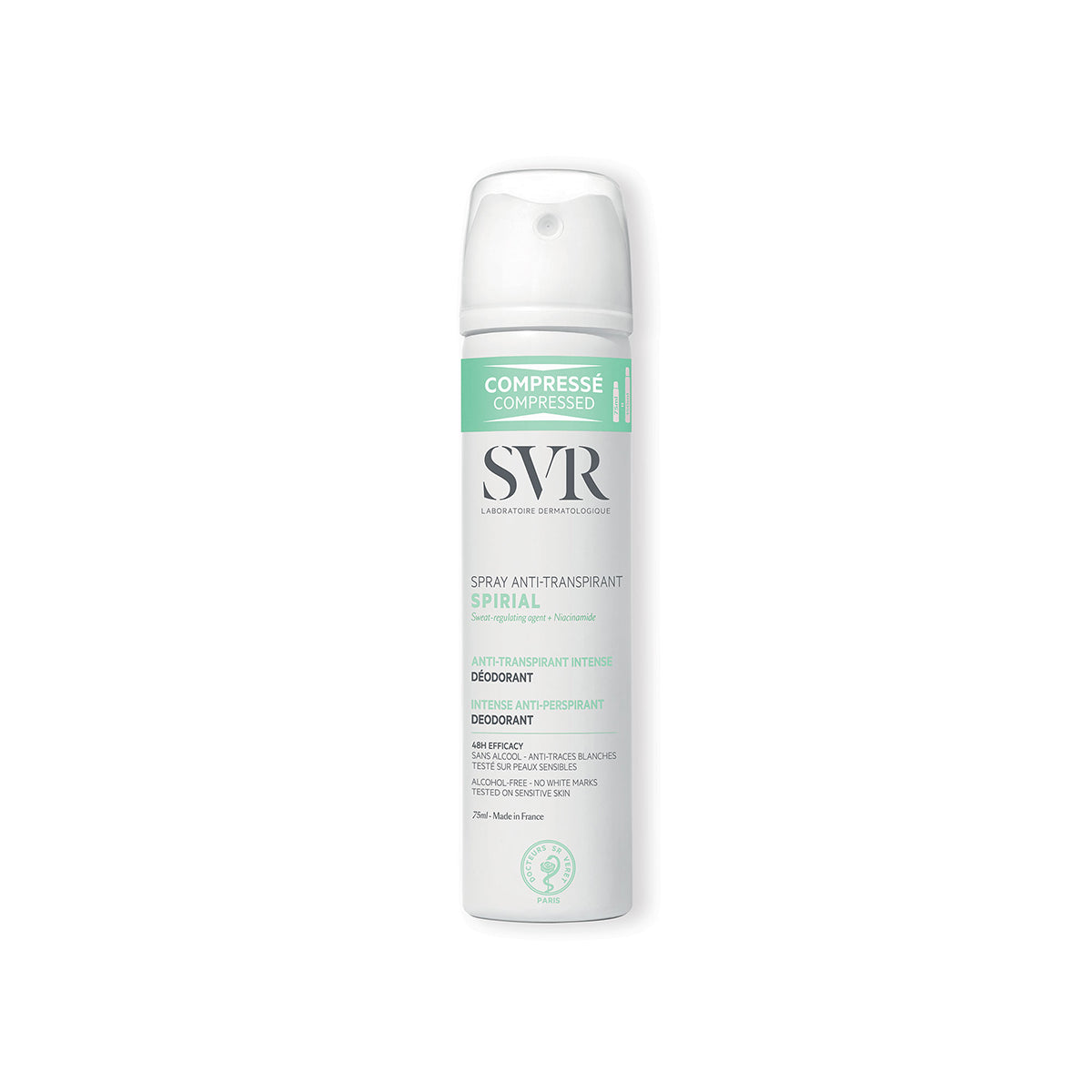 Spray antitranspirante SVR Spirial de 75 ml en envase cilíndrico blanco con detalles en verde menta y tapón transparente.