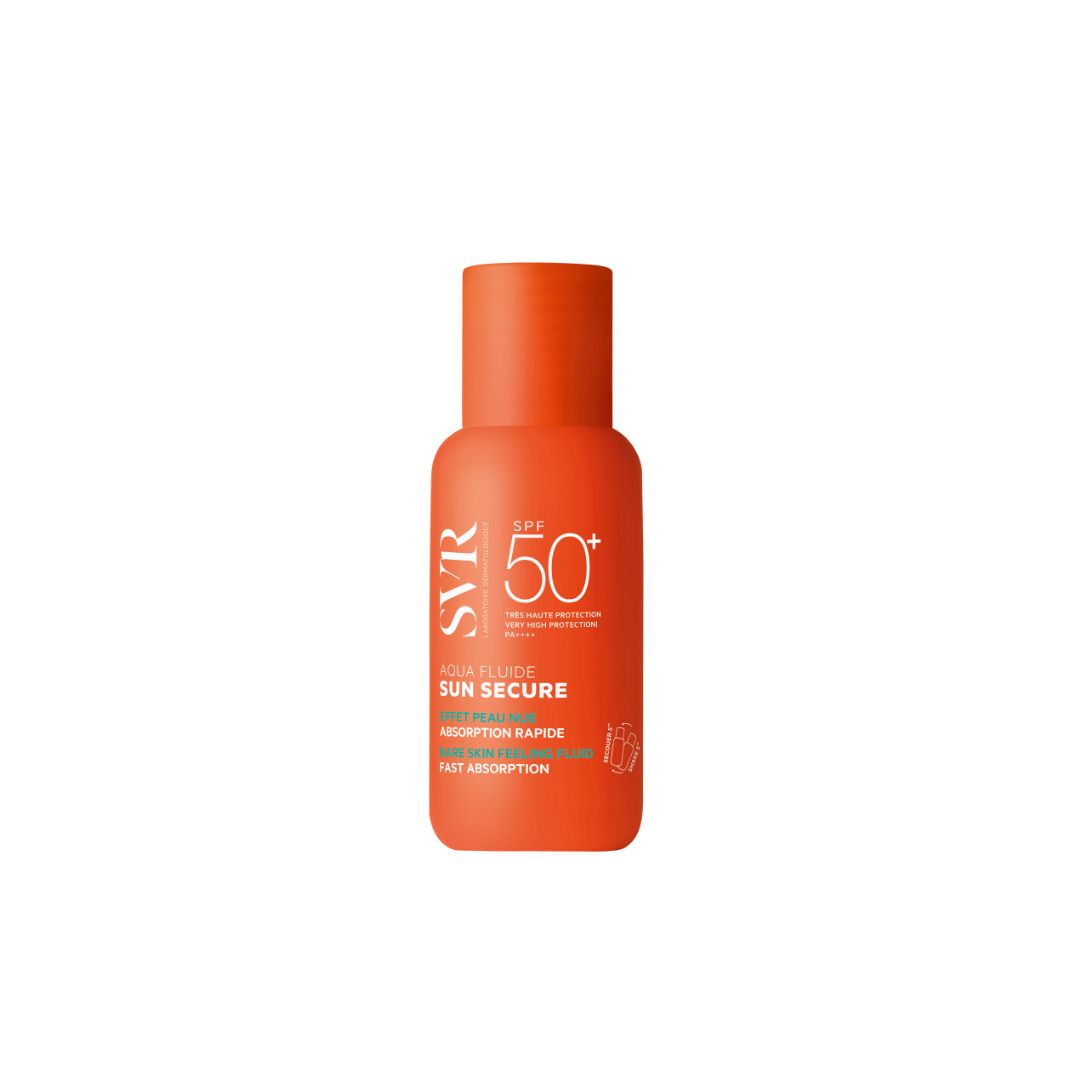 Envase naranja de protector solar SVR Sun Secure Aqua Fluide SPF50+ con diseño cilíndrico y acabado mate.