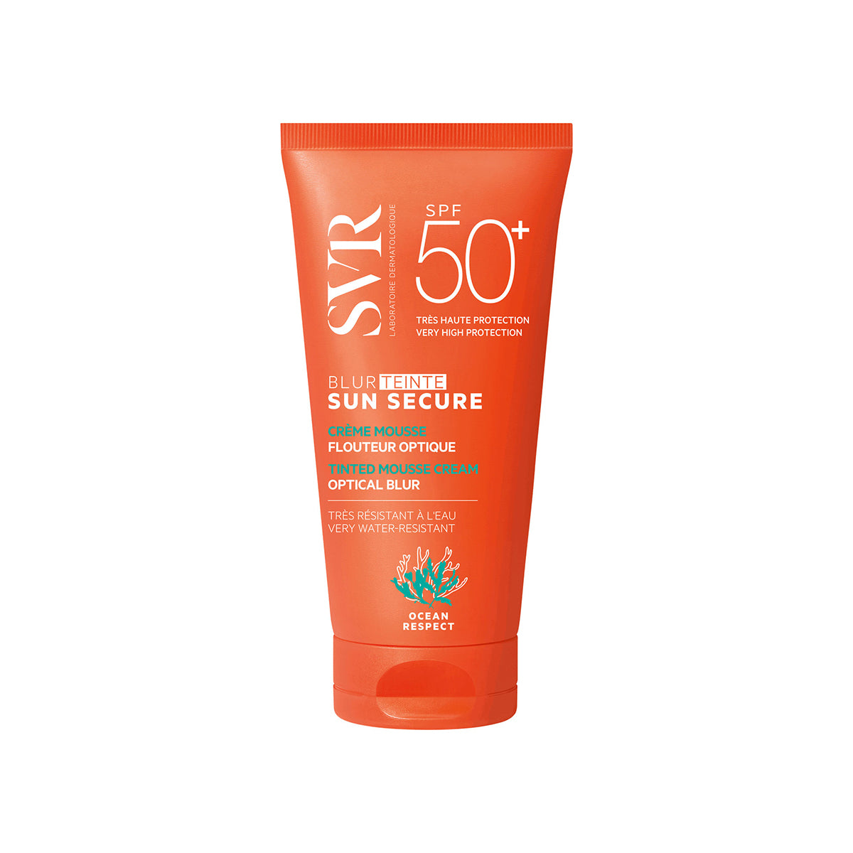 Tubo naranja de protector solar SVR Sun Secure Blur Teinte SPF50+ con textura mousse y logo Ocean Respect.