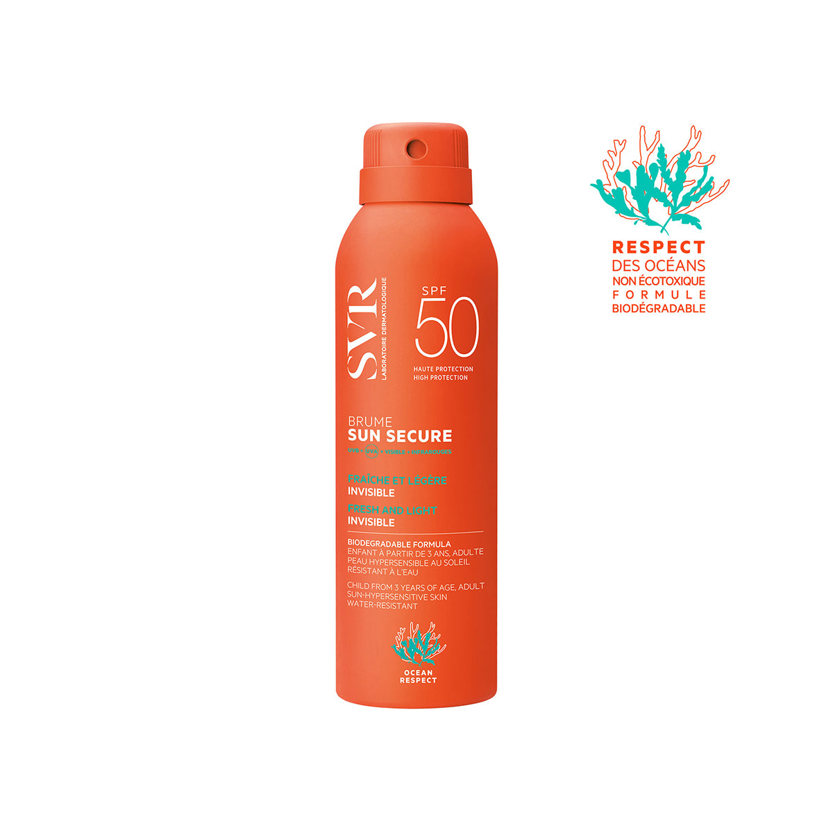 Spray protector solar SVR Sun Secure Brume SPF50 en envase naranja con diseño ergonómico y sello de respeto al medio marino.