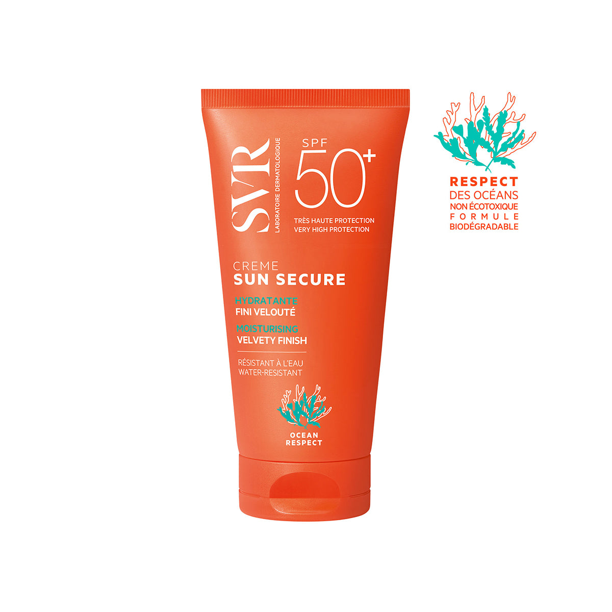 Tubo naranja de protector solar SVR Sun Secure SPF50+ con acabado aterciopelado y sello de respeto al medio marino.