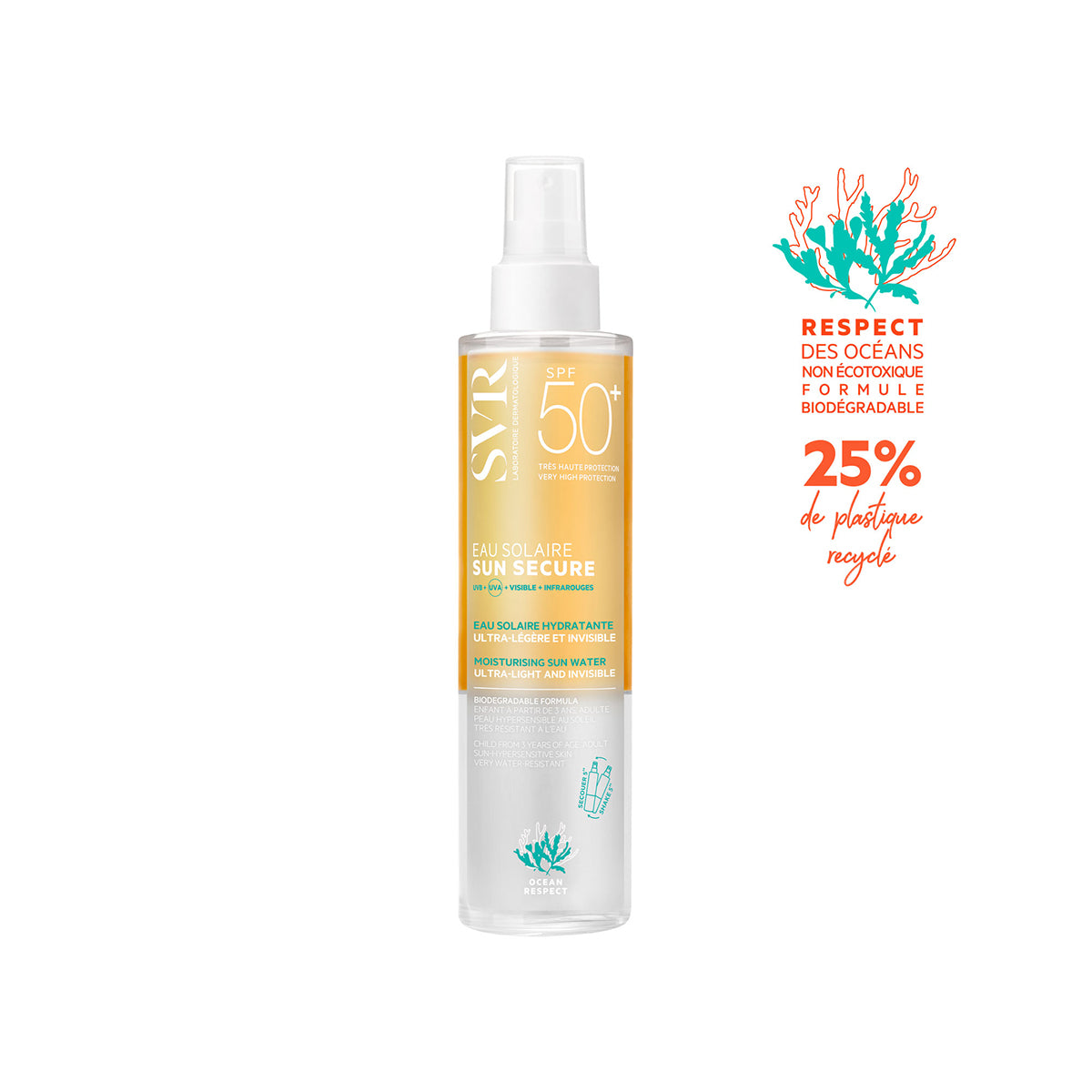 Frasco de spray SVR SUN SECURE Eau Solaire SPF50+ con fórmula bifásica transparente y etiquetas de respeto al medio marino.