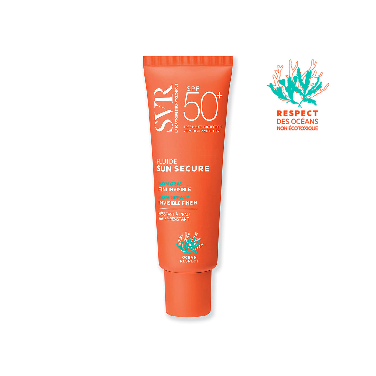 Tubo naranja de protector solar SVR Sun Secure Fluide SPF50+ con diseño respetuoso con los océanos sobre fondo blanco.