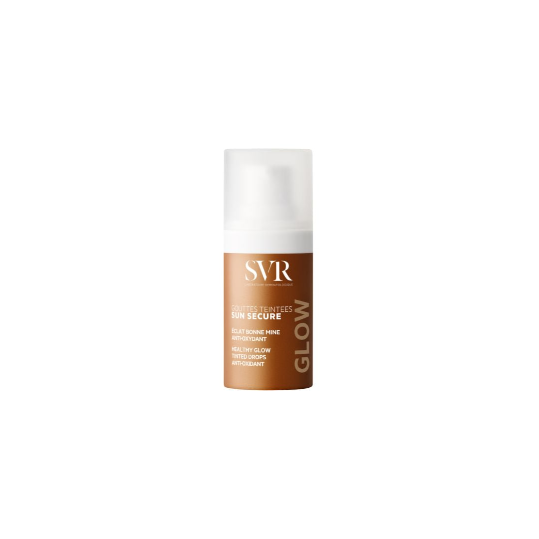 Frasco de SVR Sun Secure Gouttes Teintées con diseño degradado bronce, tapa traslúcida y dosificador para gotas iluminadoras.