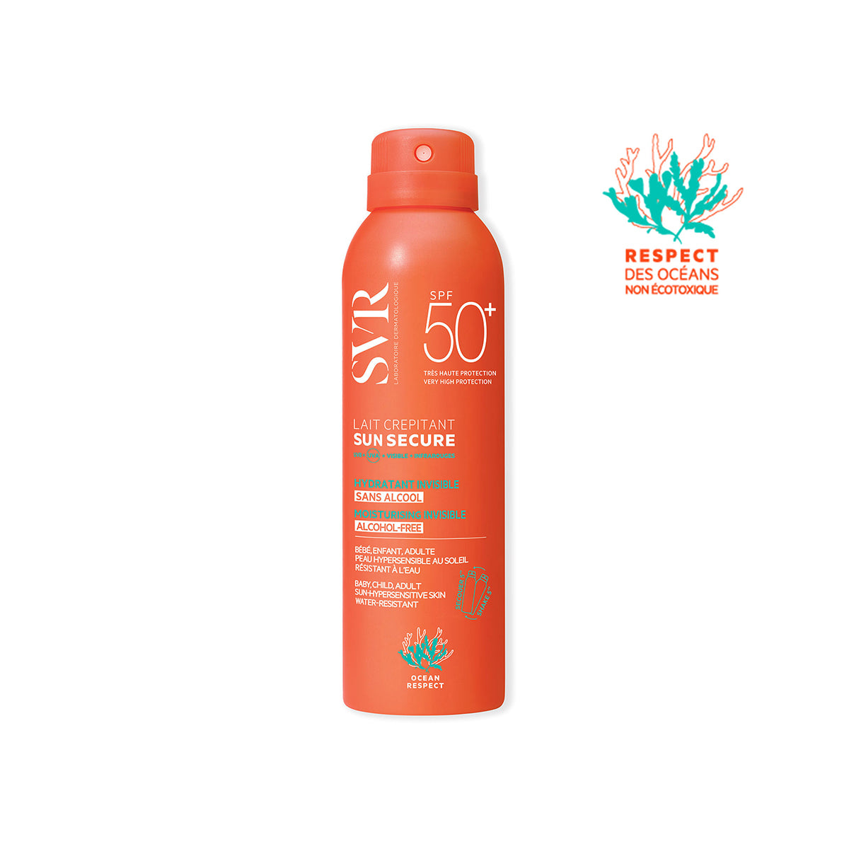Envase naranja de spray solar SVR Sun Secure Lait Crépitant SPF50+ con diseño ergonómico y sello de respeto a los océanos.