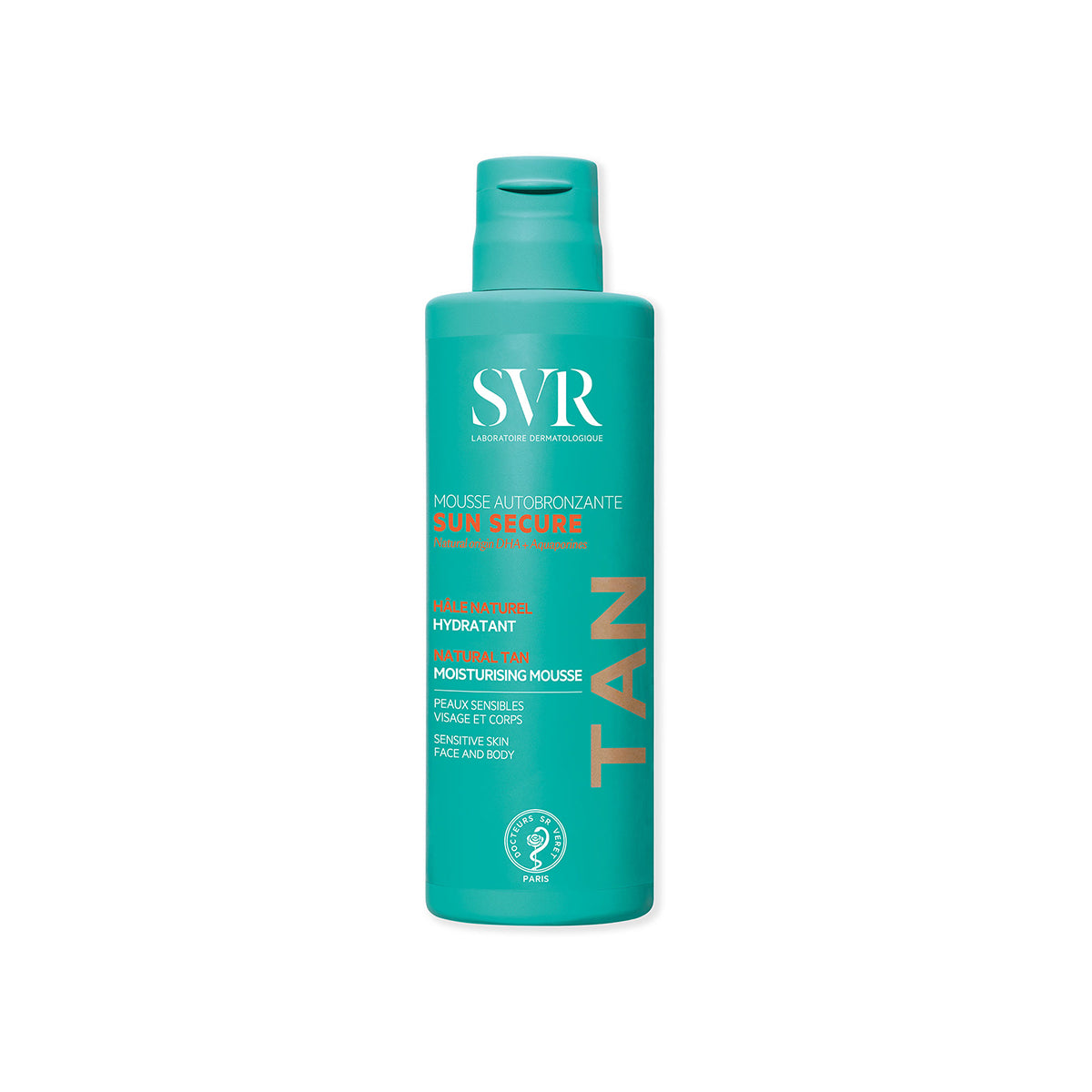 Botella de espuma autobronceadora SVR Sun Secure color turquesa con letras blancas y naranjas para rostro y cuerpo.