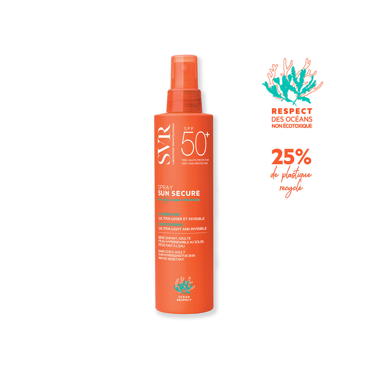 Spray solar SVR Sun Secure SPF50+ en envase naranja cilíndrico con dosificador, diseño ecológico y protección invisible.