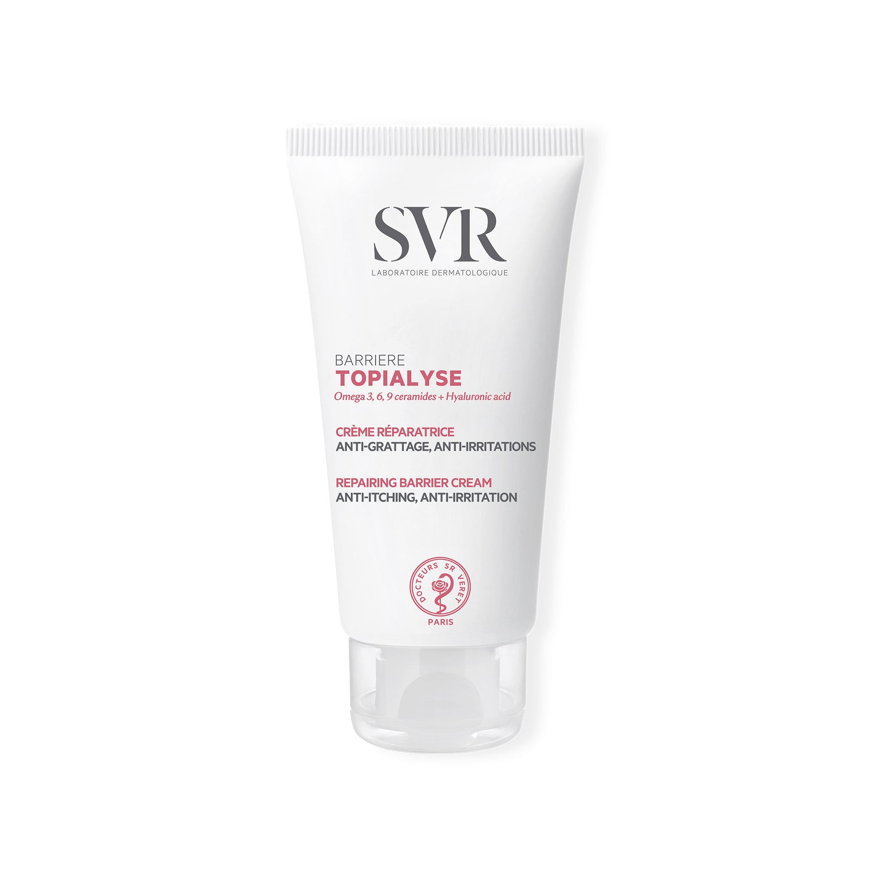Tubo blanco de crema reparadora SVR Topialyse Barrière con tapa transparente sobre fondo blanco.