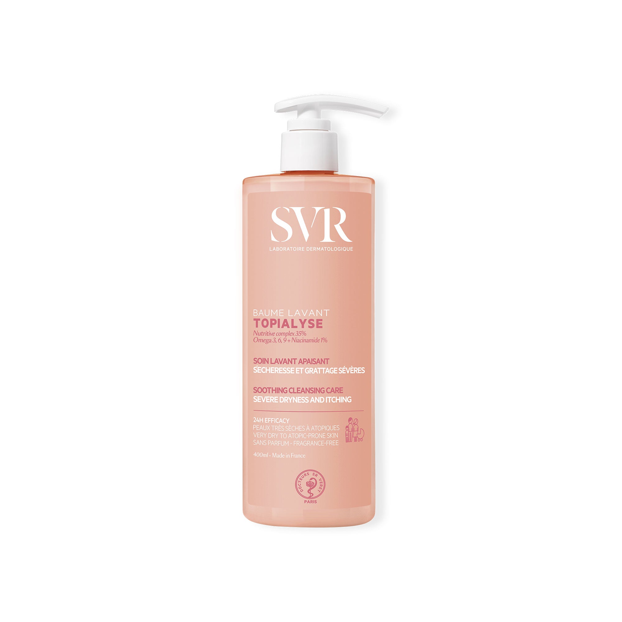 Envase de 400ml de bálsamo limpiador SVR Topialyse con dosificador blanco sobre fondo blanco.