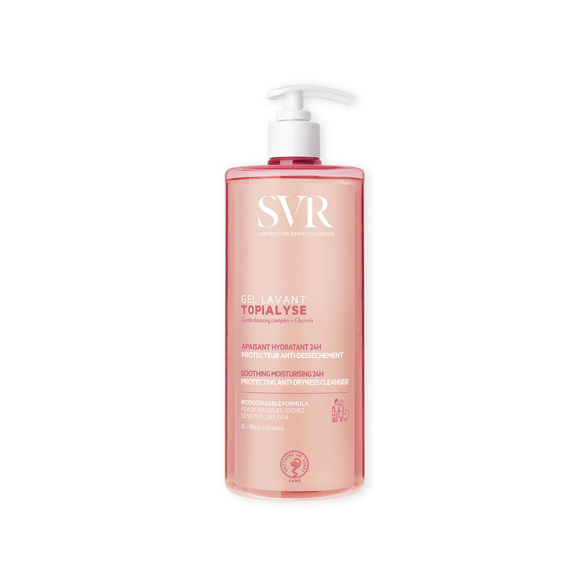 Envase de 1 litro de gel limpiador SVR Topialyse con dosificador blanco sobre fondo transparente y letras blancas.