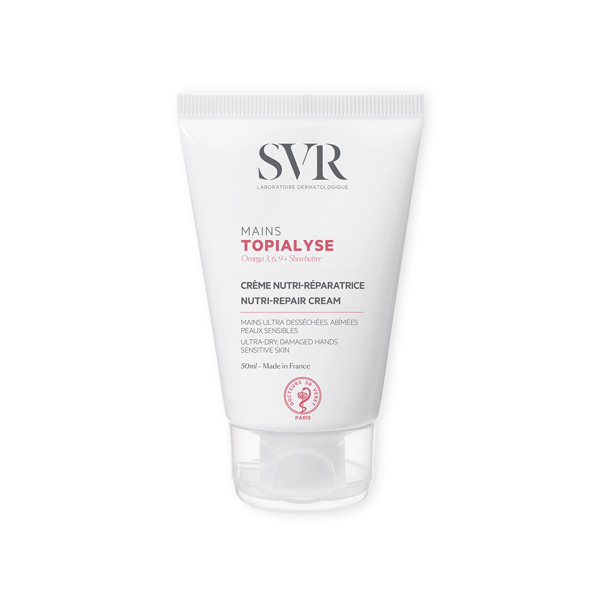 Tubo blanco de crema de manos SVR Topialyse de 50ml con tapa transparente, diseñado para reparar pieles ultra secas.