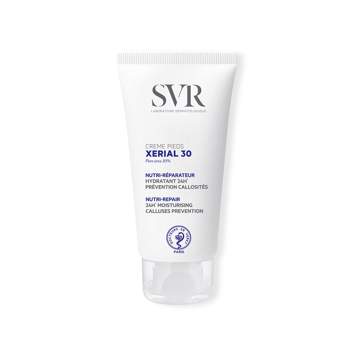 Tubo blanco de crema para pies SVR XERIAL 30 con tapa transparente y texto informativo en azul y gris sobre fondo blanco.