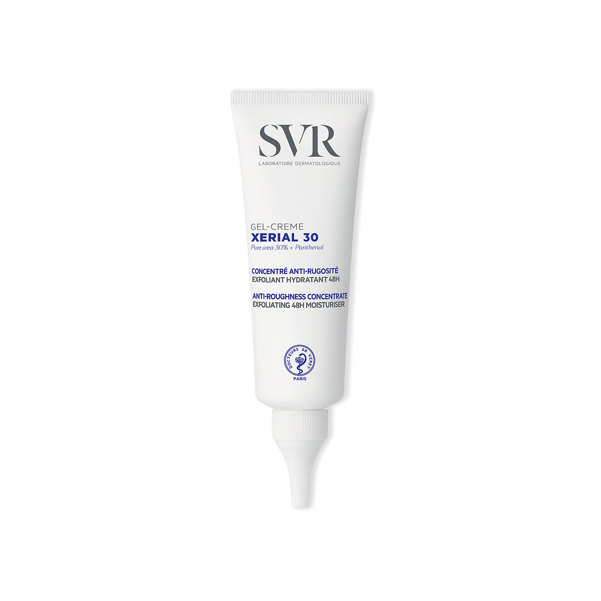 Tubo blanco de SVR Xerial 30 Gel-Crème con tapón de rosca, diseñado para el cuidado exfoliante e hidratante de la piel.