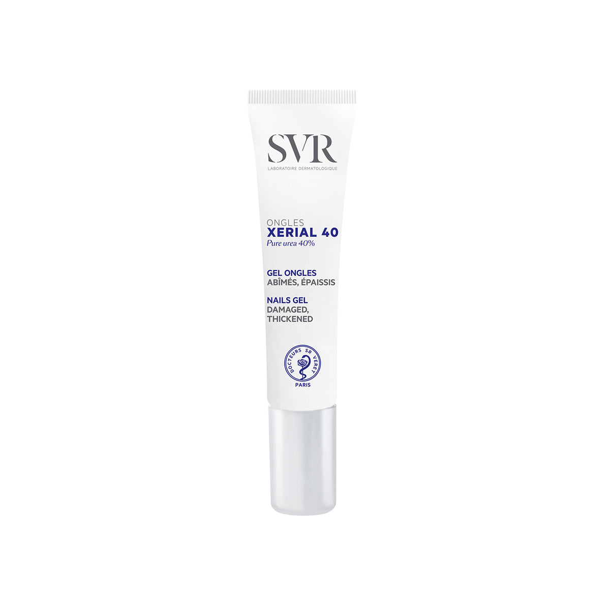 Tubo blanco de gel SVR XERIAL 40 Ongles para uñas dañadas con tapa plateada sobre fondo blanco.