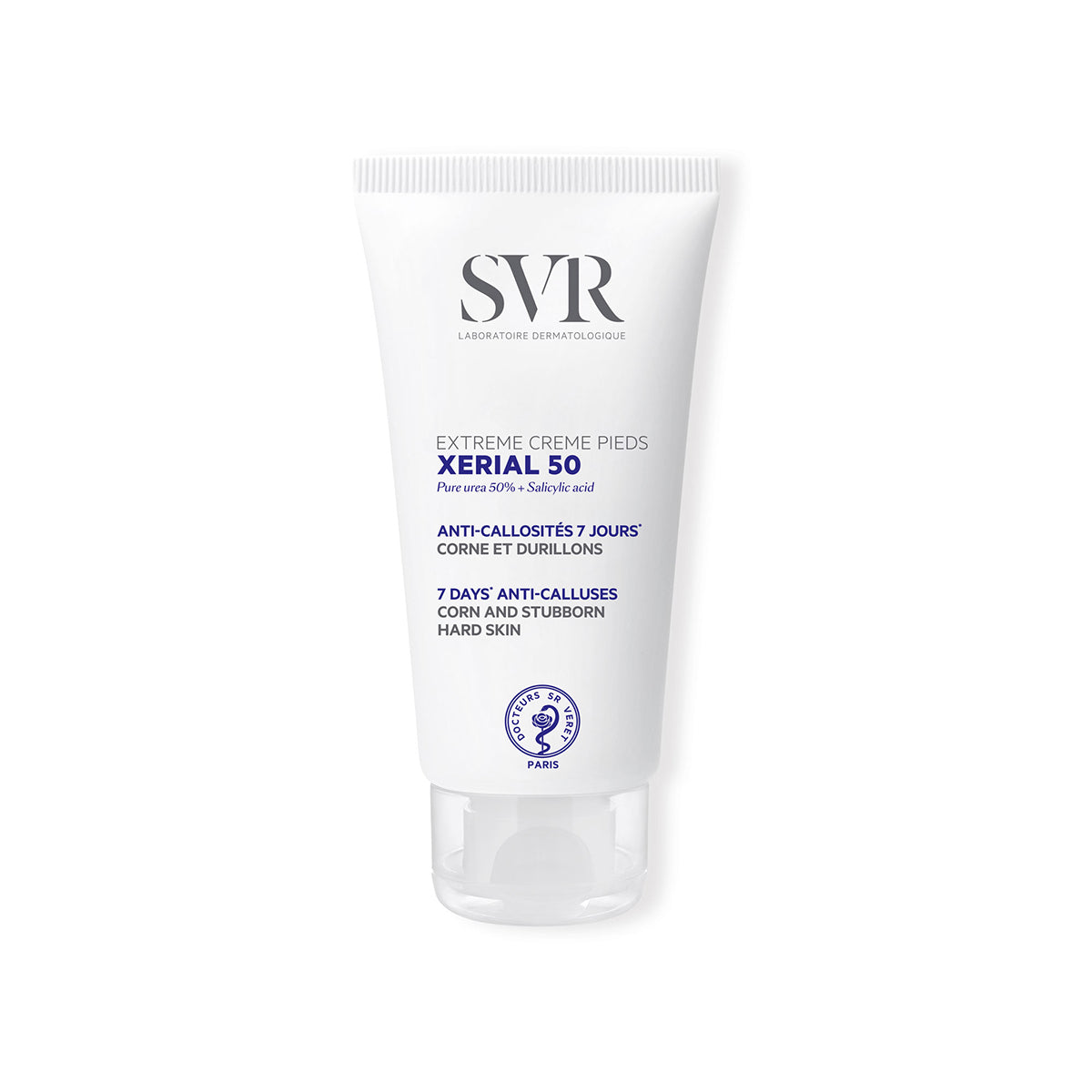Tubo blanco de crema SVR Xerial 50 Extreme para pies con tapa transparente sobre fondo blanco.