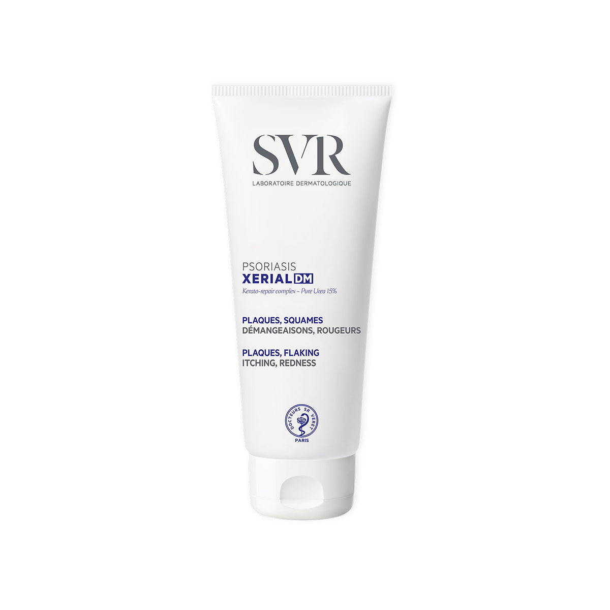 Tubo blanco de crema SVR XERIAL DM para psoriasis con letras negras y azules, diseño minimalista y tapón abatible.