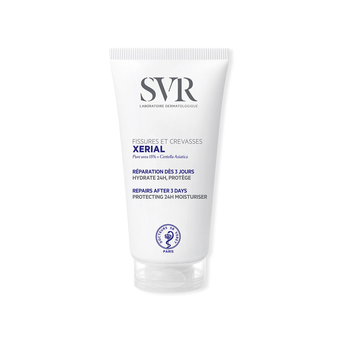 Tubo blanco de crema reparadora SVR Xerial Fisuras y Grietas con tapón transparente sobre fondo blanco.