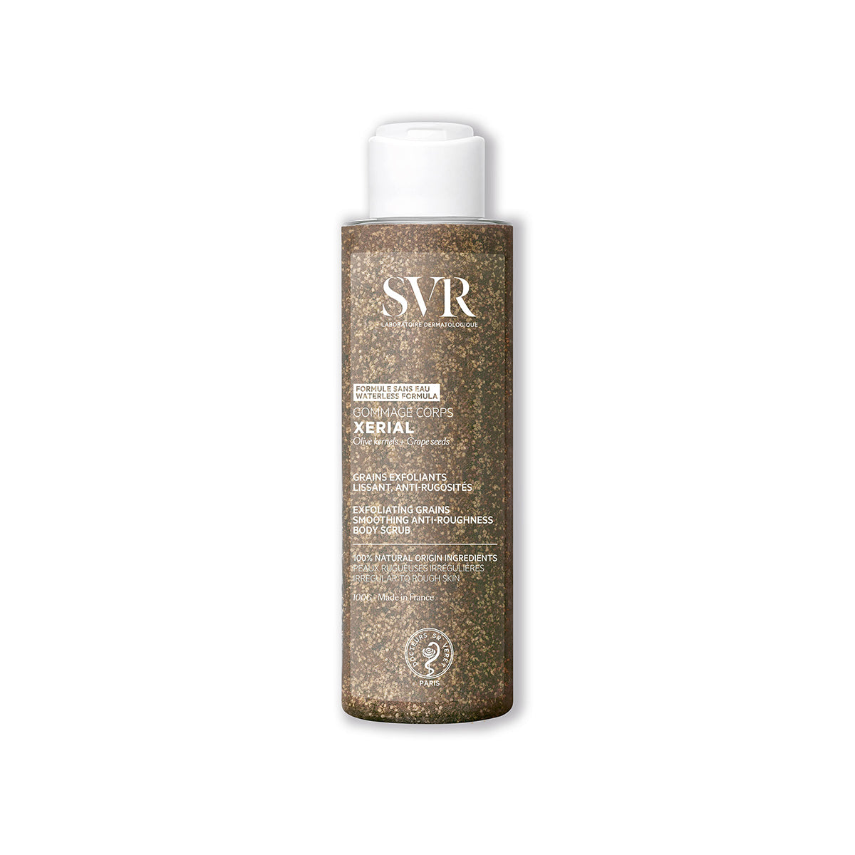 Envase cilíndrico de exfoliante corporal SVR Xerial Gommage con textura granulada marrón y tapa blanca dosificadora.