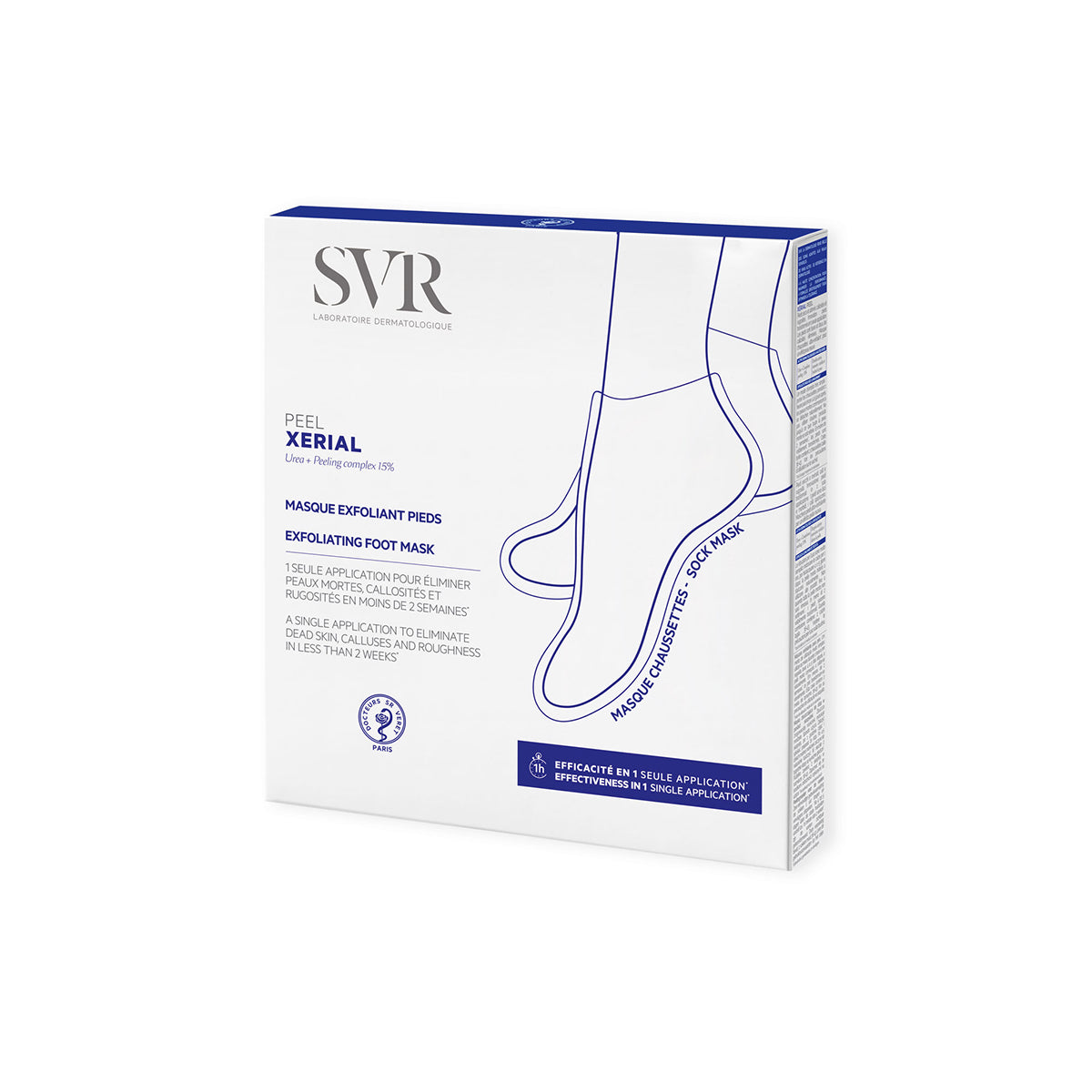 Boîte blanche et bleue SVR XERIAL Peel, masque exfoliant pour les pieds en forme de chaussettes, format soin dermatologique.