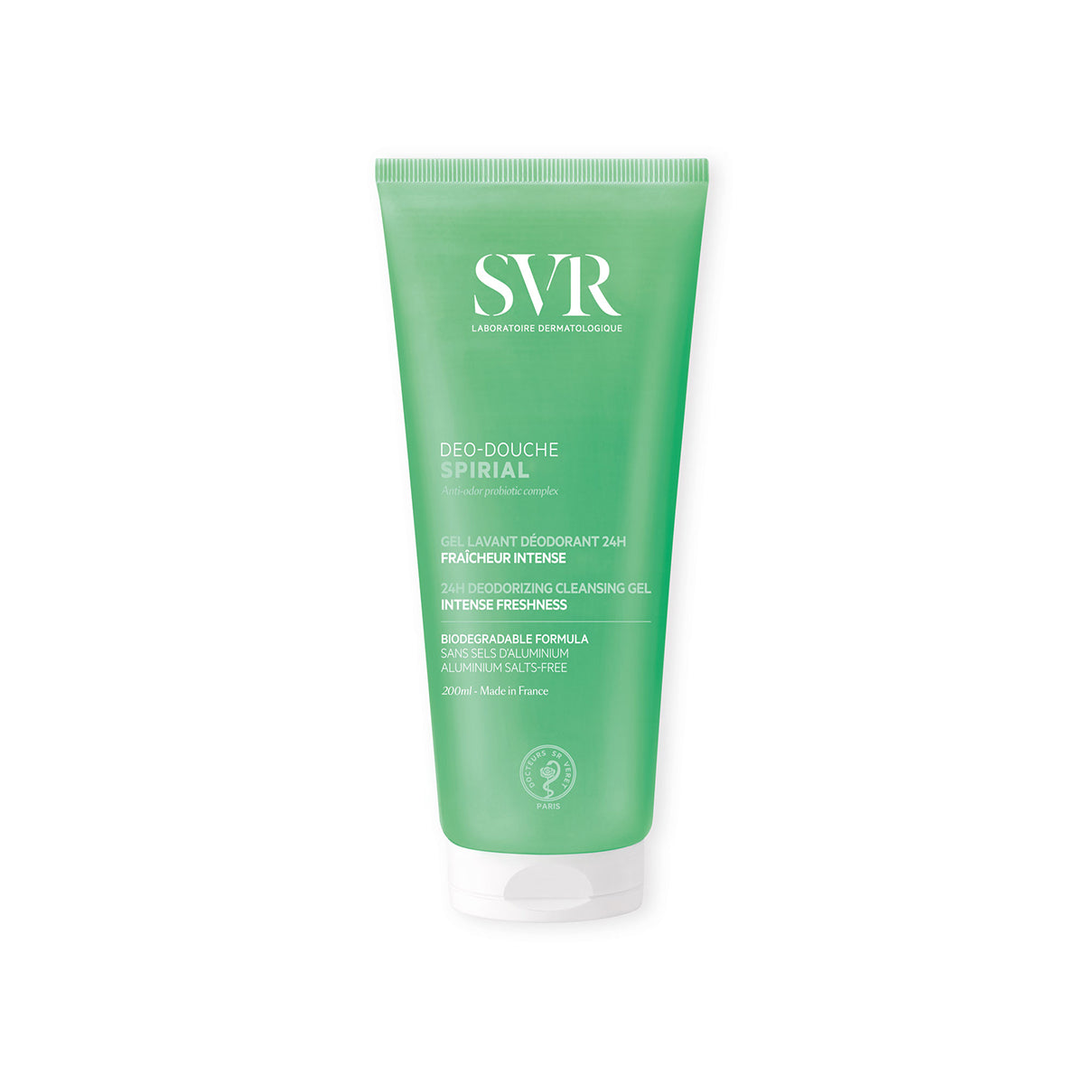 Tubo verde de 200 ml de gel de ducha desodorante SVR Spirial con tapón blanco y texto informativo en blanco.