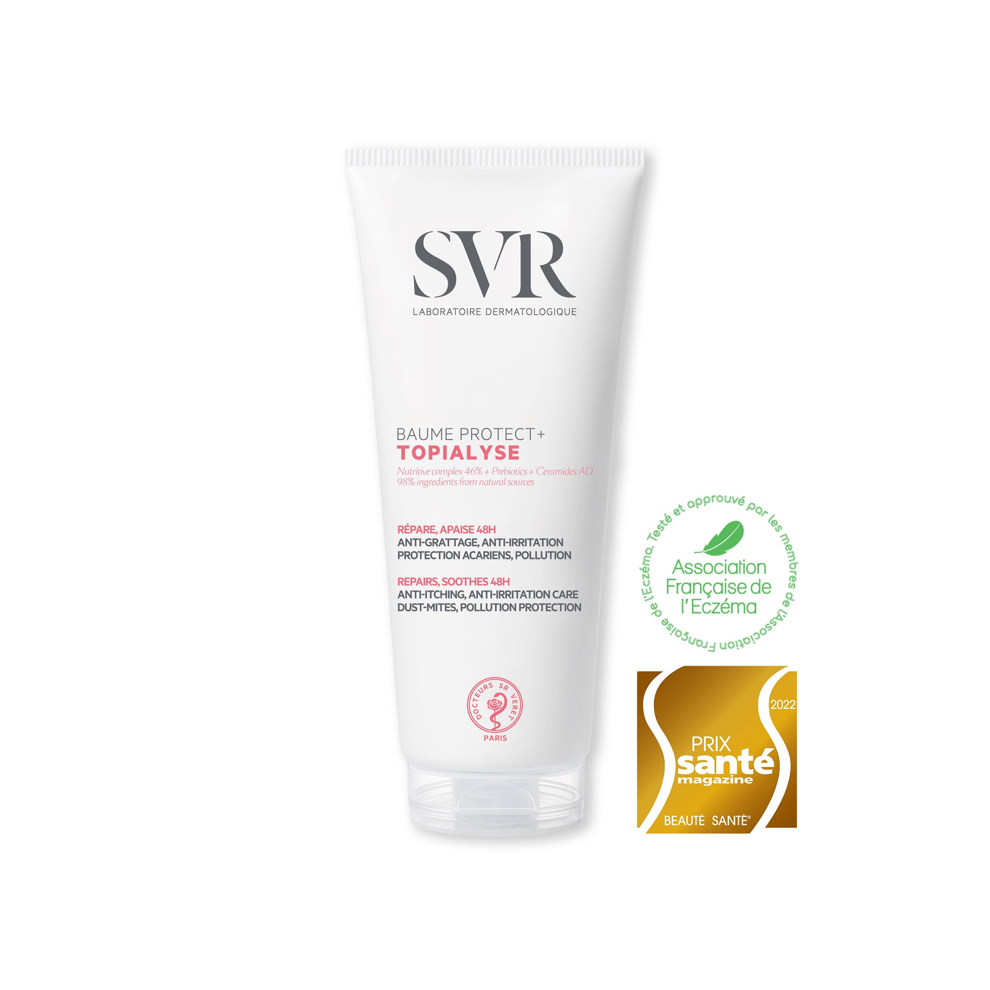 Tubo blanco de bálsamo reparador SVR Topialyse Baume Protect+ con sello de aprobación de la Asociación Francesa del Eczema.