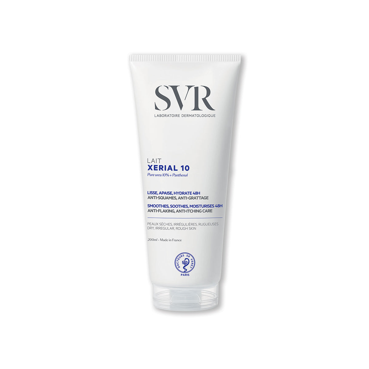 Tubo blanco de loción corporal SVR Xerial 10 de 200ml con urea al 10% y pantenol para piel seca y descamada.