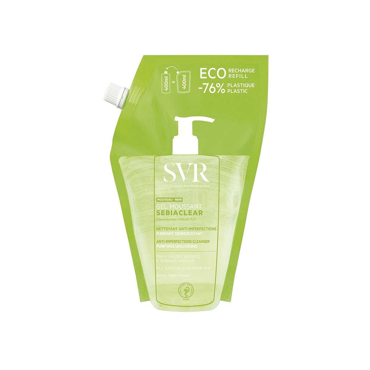 Recarga ecológica de 400ml SVR Sebiaclear Gel Moussant en envase flexible verde con dosificador para pieles grasas y acnéicas.