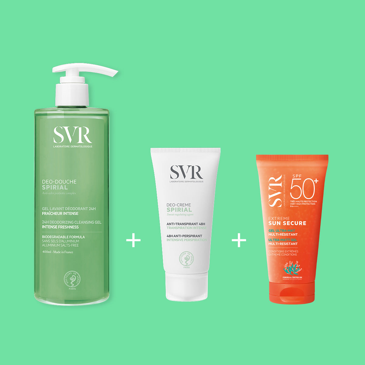 Set de cuidado SVR con gel de ducha Spirial verde, desodorante en crema blanco y protector solar Sun Secure naranja.
