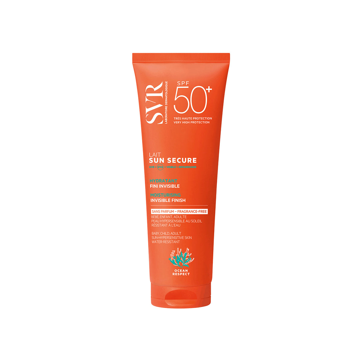 SVR SUN SECURE SPF50+ fragrance-free moisturizing sunscreen lotion in an orange squeeze tube.