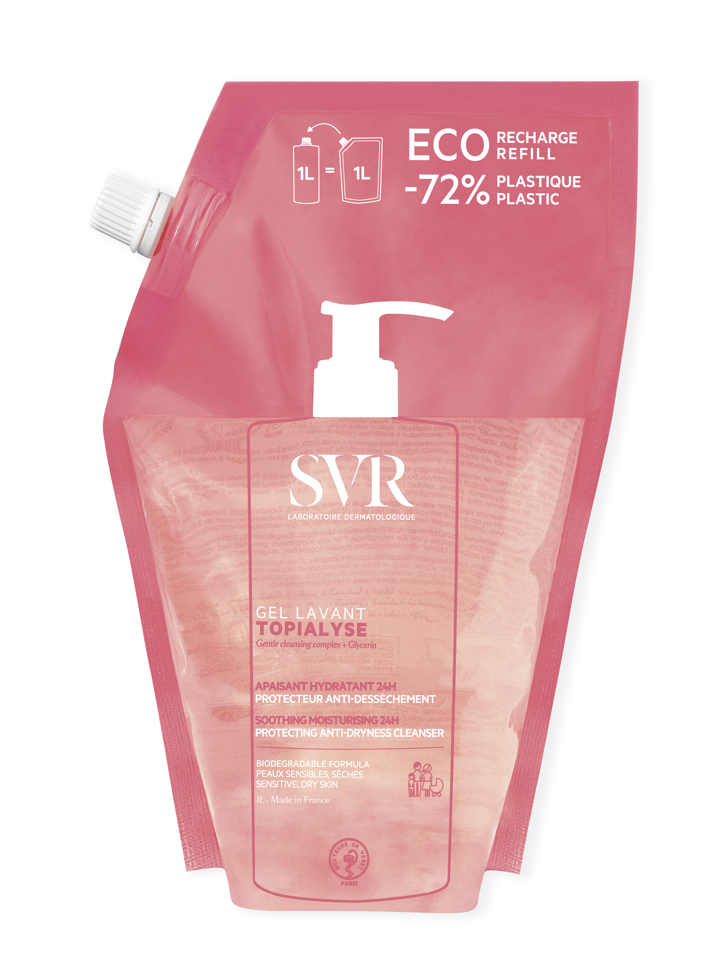 Recarga ecológica de 1 litro de gel limpiador SVR Topialyse en envase flexible rosa con tapón de rosca blanco.